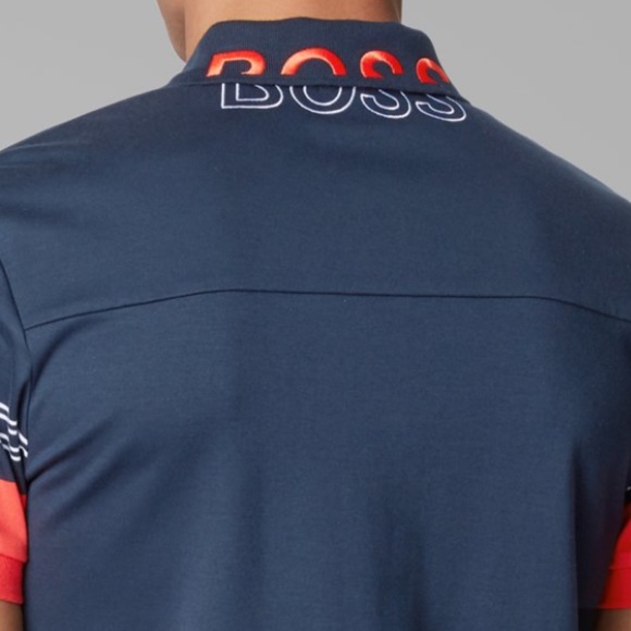 NWT Hugo Boss Blue Polo Shirt with Striped Sleeves - Picture 3 of 5